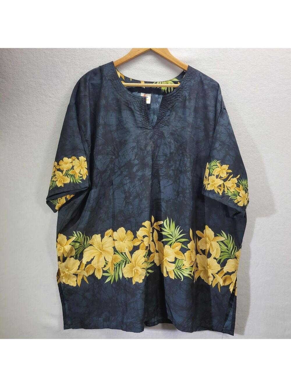 Rima Mens 2XL Black Hibiscus Floral 100% Terivoile Hawaiian Shirt V-Neck
